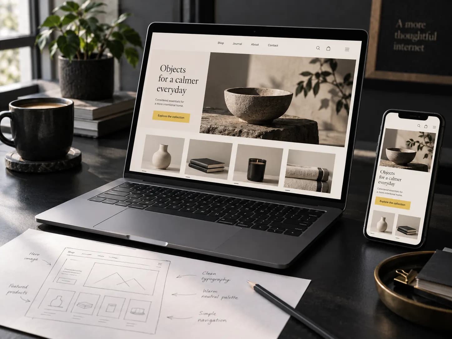 Projection conceptuelle d’un site cohérent sur ordinateur et téléphone, avec croquis de parcours